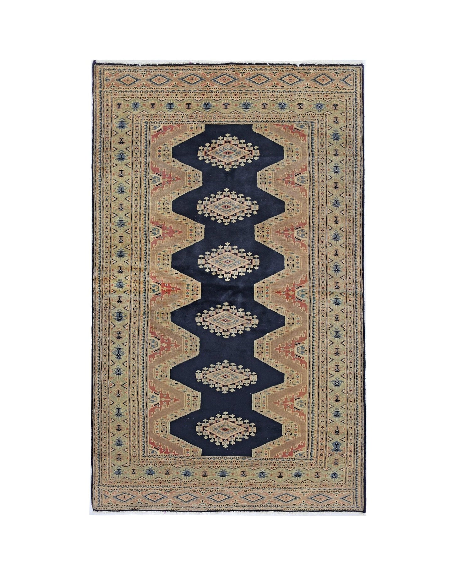 Vintage Pakistani Princess Bokhara rug featuring a dark blue central field with geometric motifs.