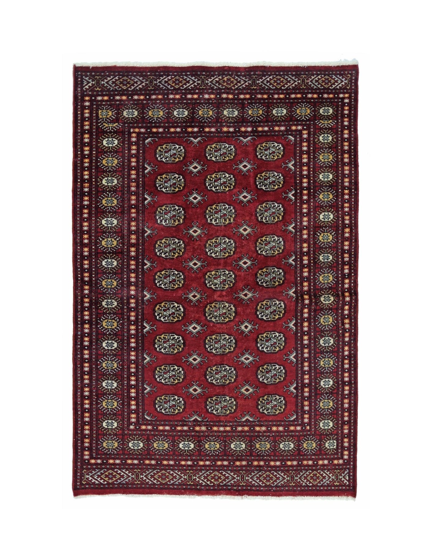 A vintage Pakistani Princess Bokhara rug featuring a deep red field with repeating geometric motifs.