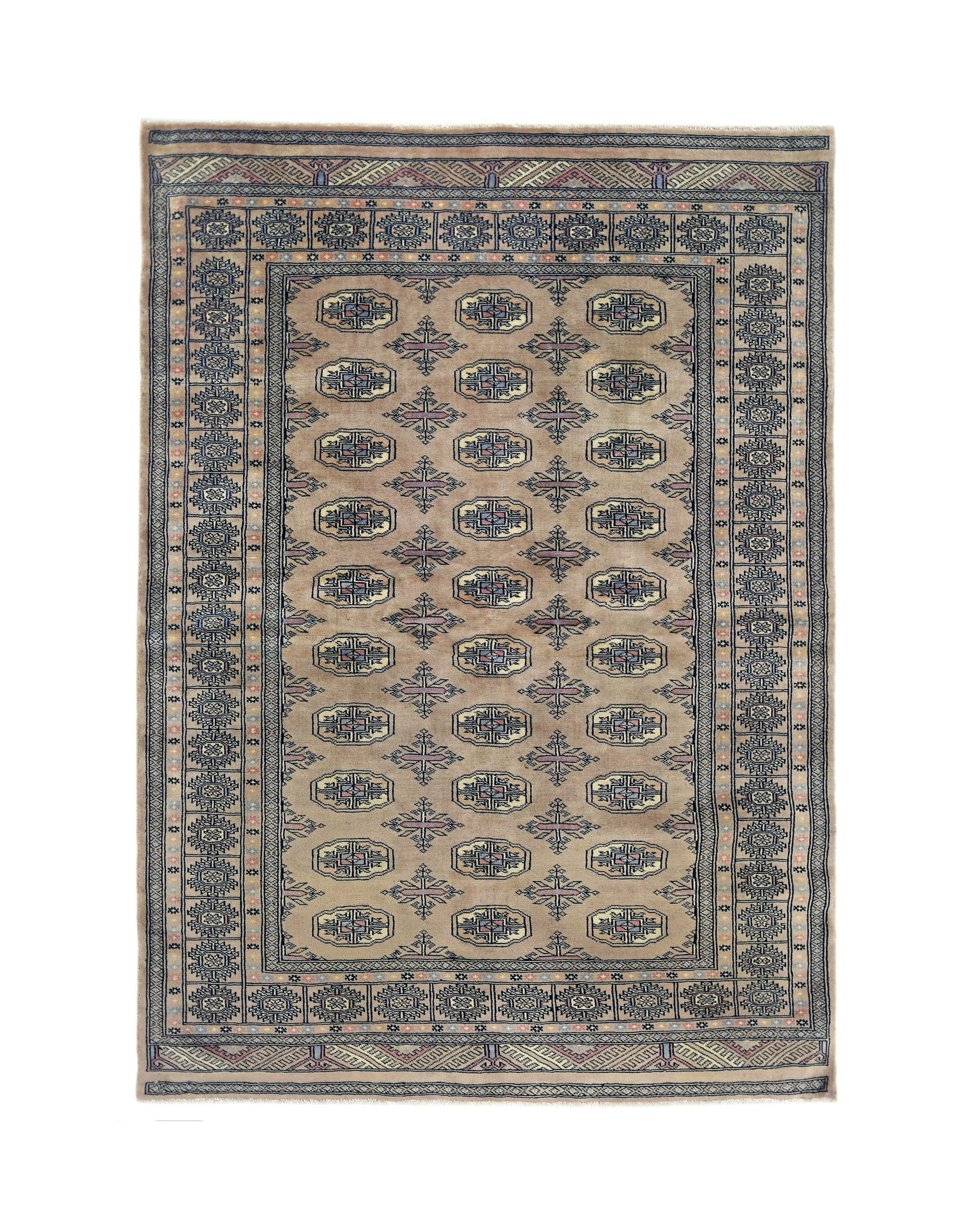 A vintage Pakistani Princess Bokhara rug featuring a tan field with repeating geometric motifs.