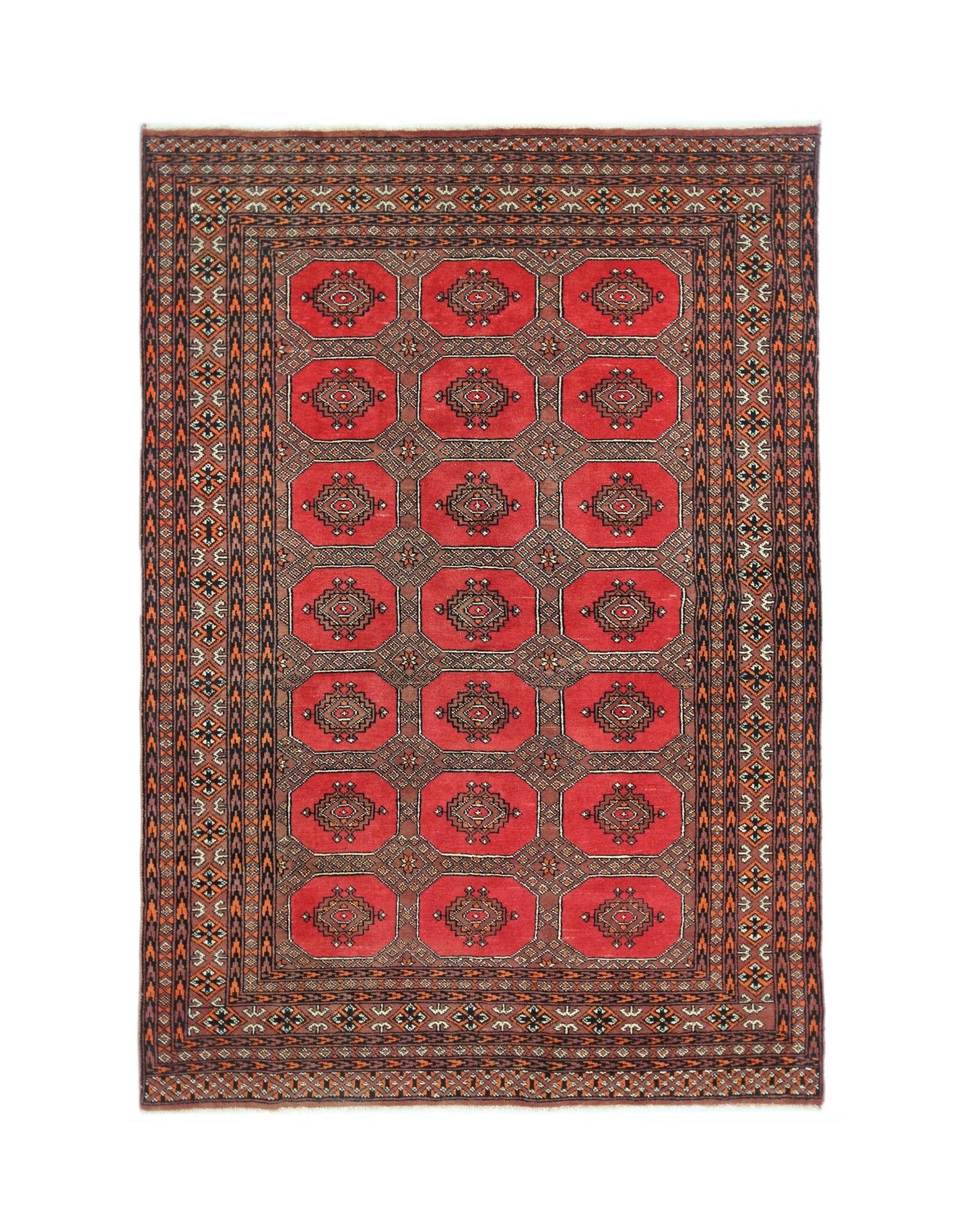 A vintage Pakistani Princess Bokhara rug featuring a repeating octagonal pattern in red and black.