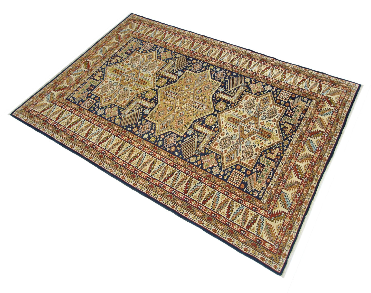 A vintage Pakistani Princess Bokhara rug featuring intricate geometric patterns in rich colors.