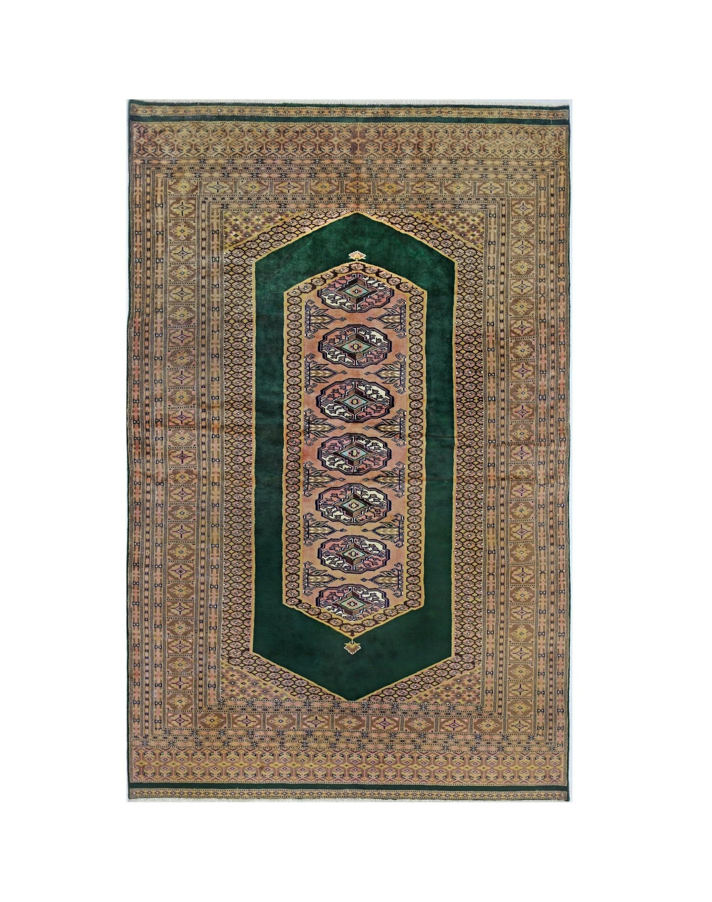 A vintage Pakistani Princess Bokhara rug featuring a central geometric medallion on a green field.