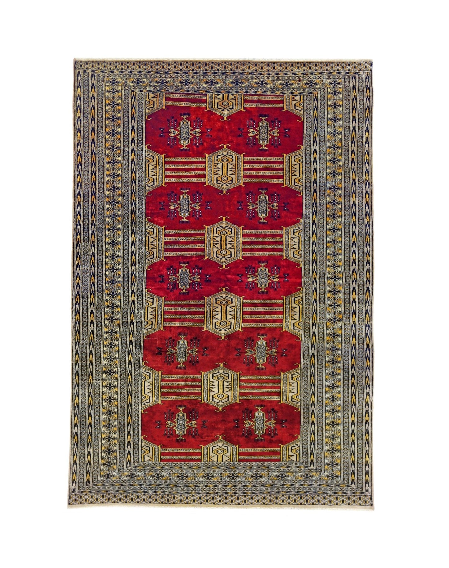 A vintage Pakistani Princess Bokhara rug featuring a red field with repeating geometric motifs.