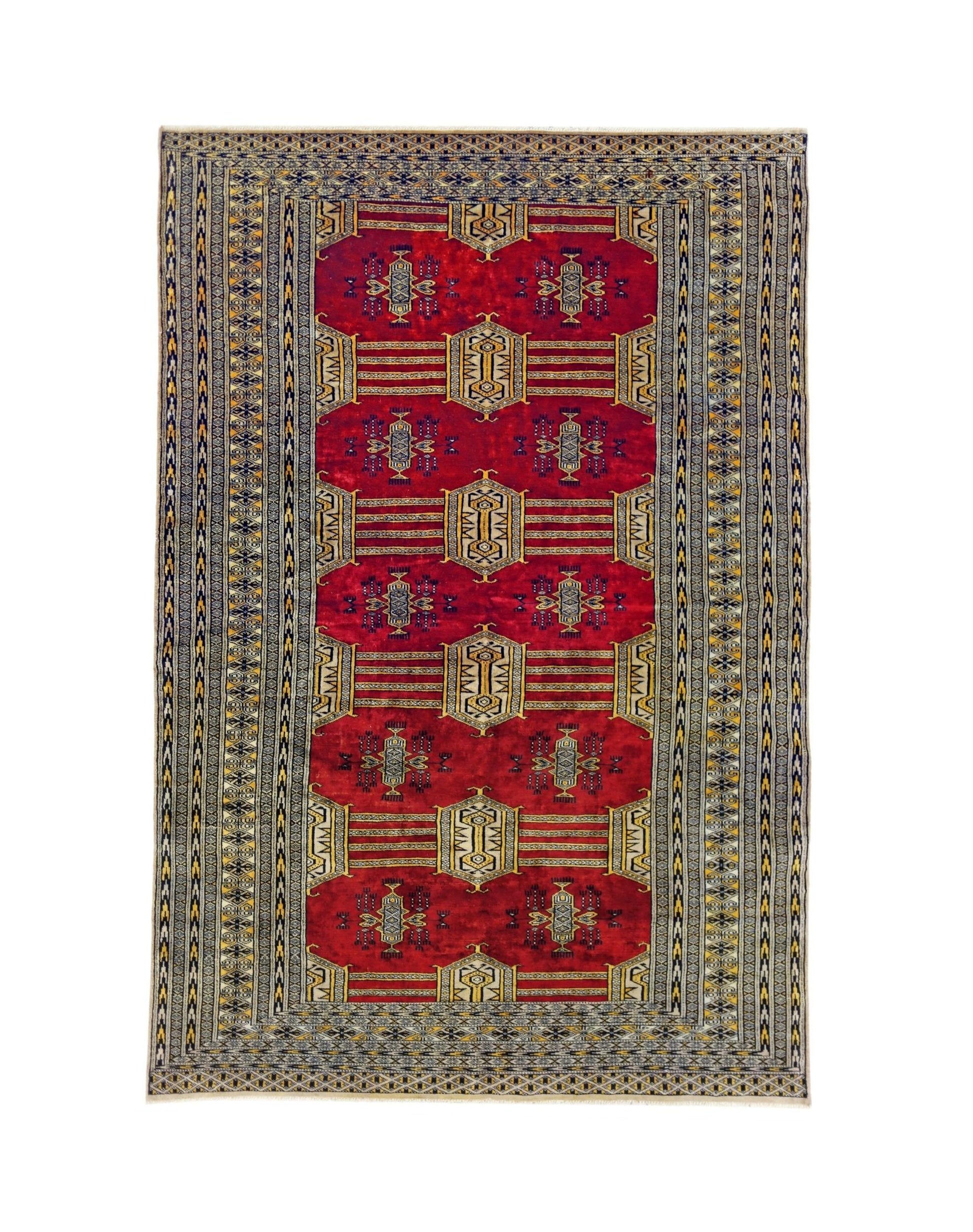 A vintage Pakistani Princess Bokhara rug featuring a red field with repeating geometric motifs.