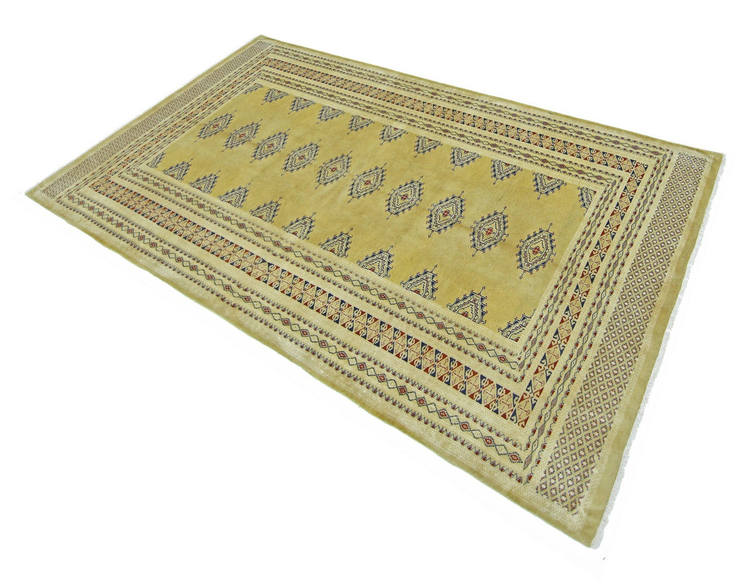 A vintage Pakistani Princess Bokhara rug featuring a golden field with repeating geometric motifs.