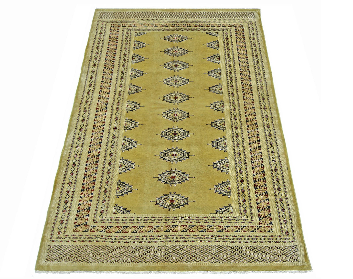 A vintage Pakistani Princess Bokhara rug featuring a golden field with repeating geometric motifs.