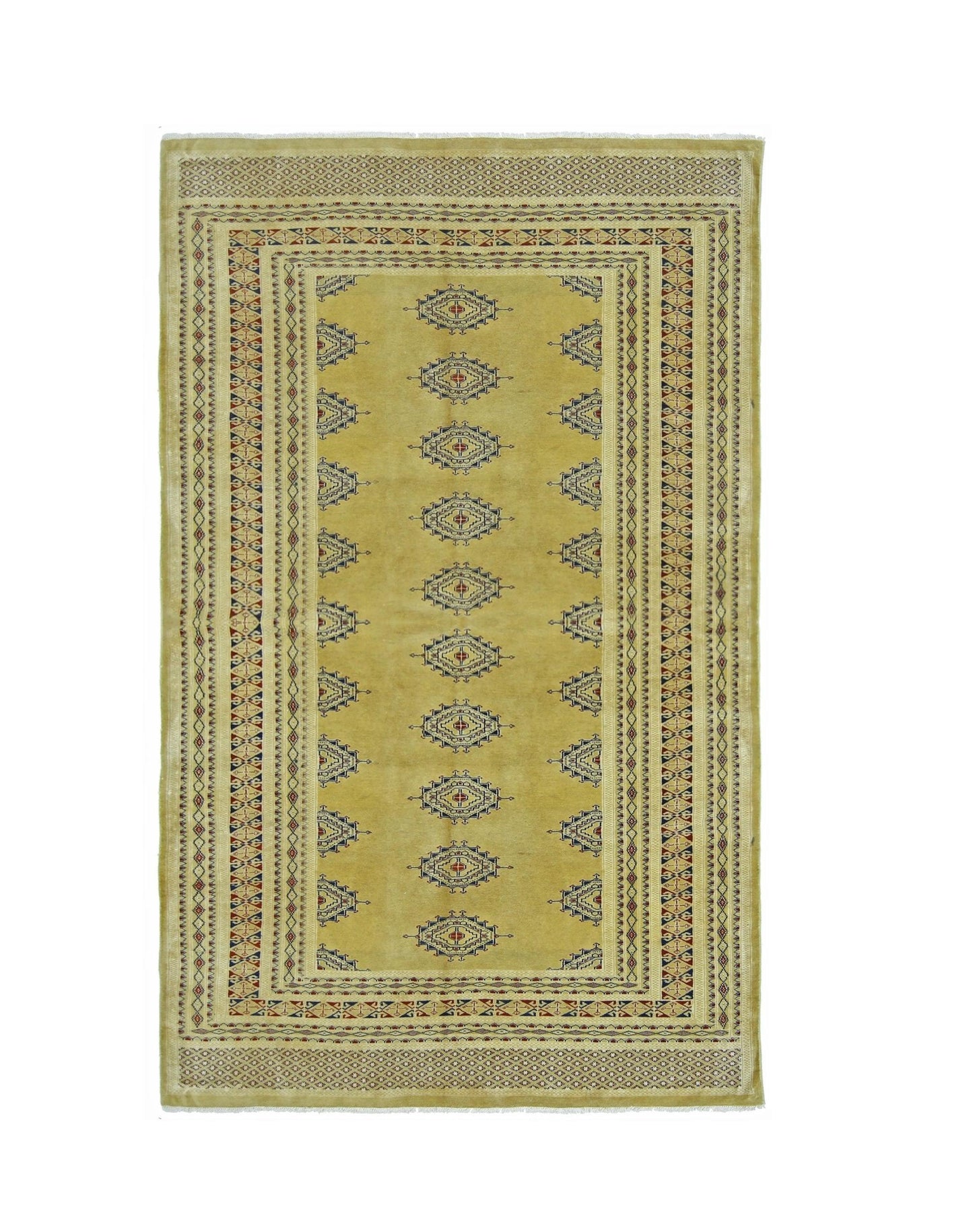 A vintage Pakistani Princess Bokhara rug featuring a golden field with repeating diamond motifs.