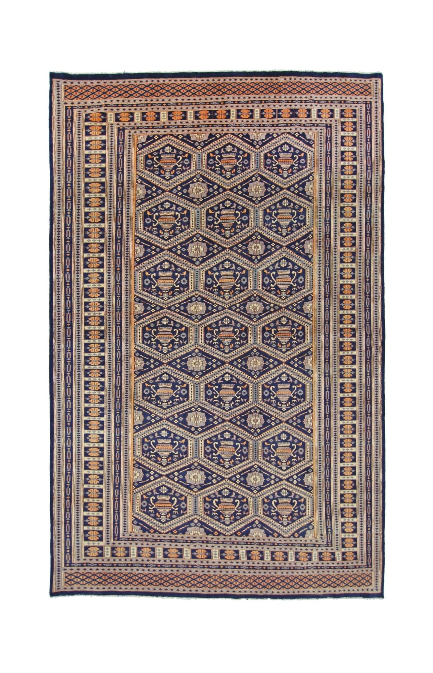 A vintage Pakistani Princess Bokhara rug featuring a repeating geometric vase pattern in blue.