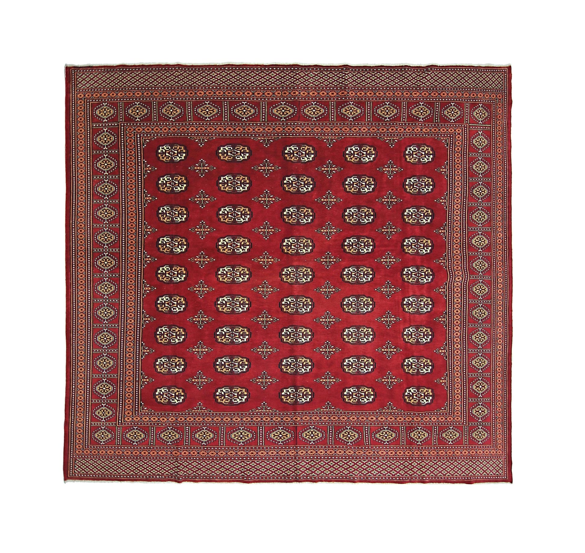 A square vintage Pakistani Princess Bokhara rug featuring a repeating geometric pattern in red.