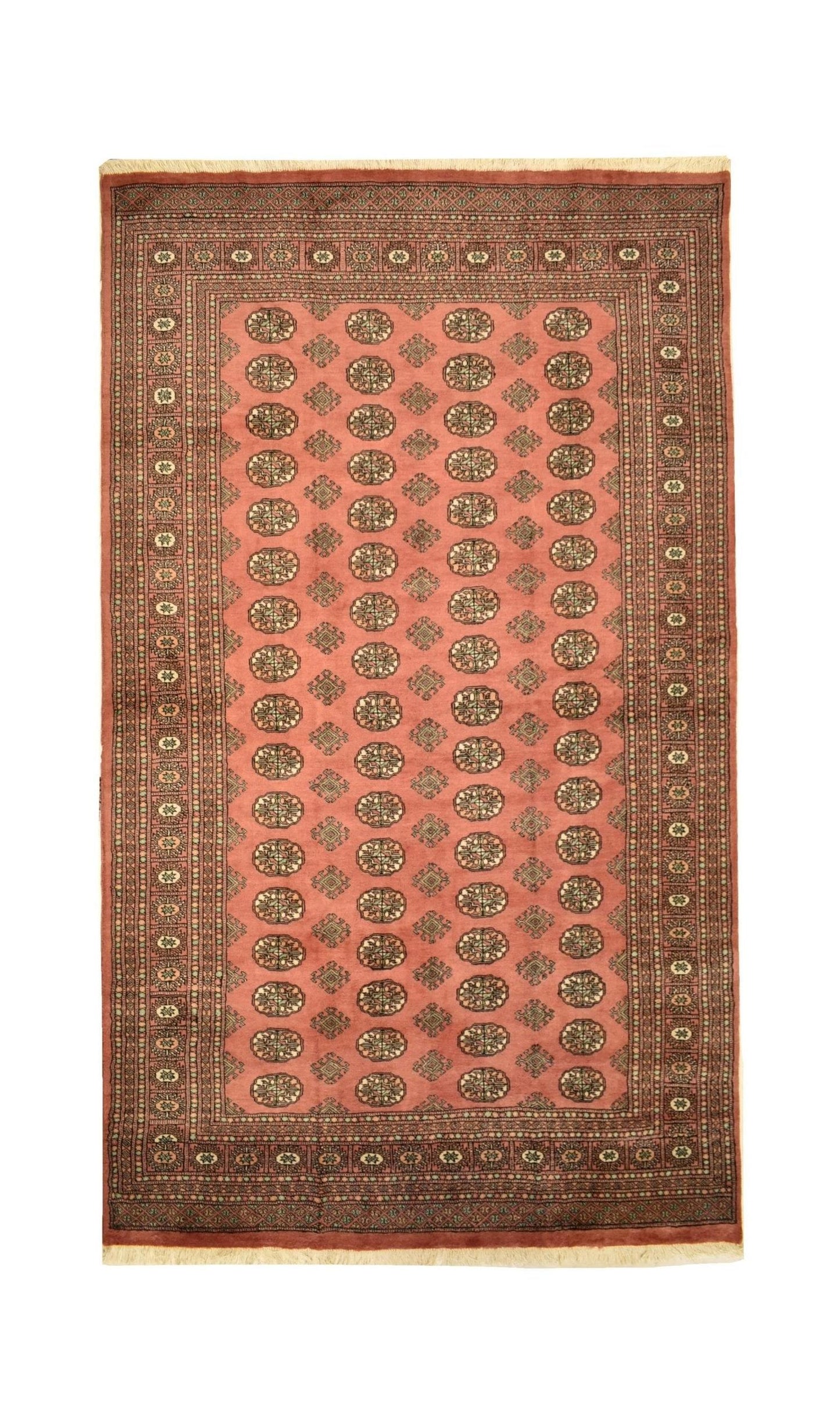 A handmade vintage Princess Bokhara rug featuring a repeating geometric pattern on a salmon field.