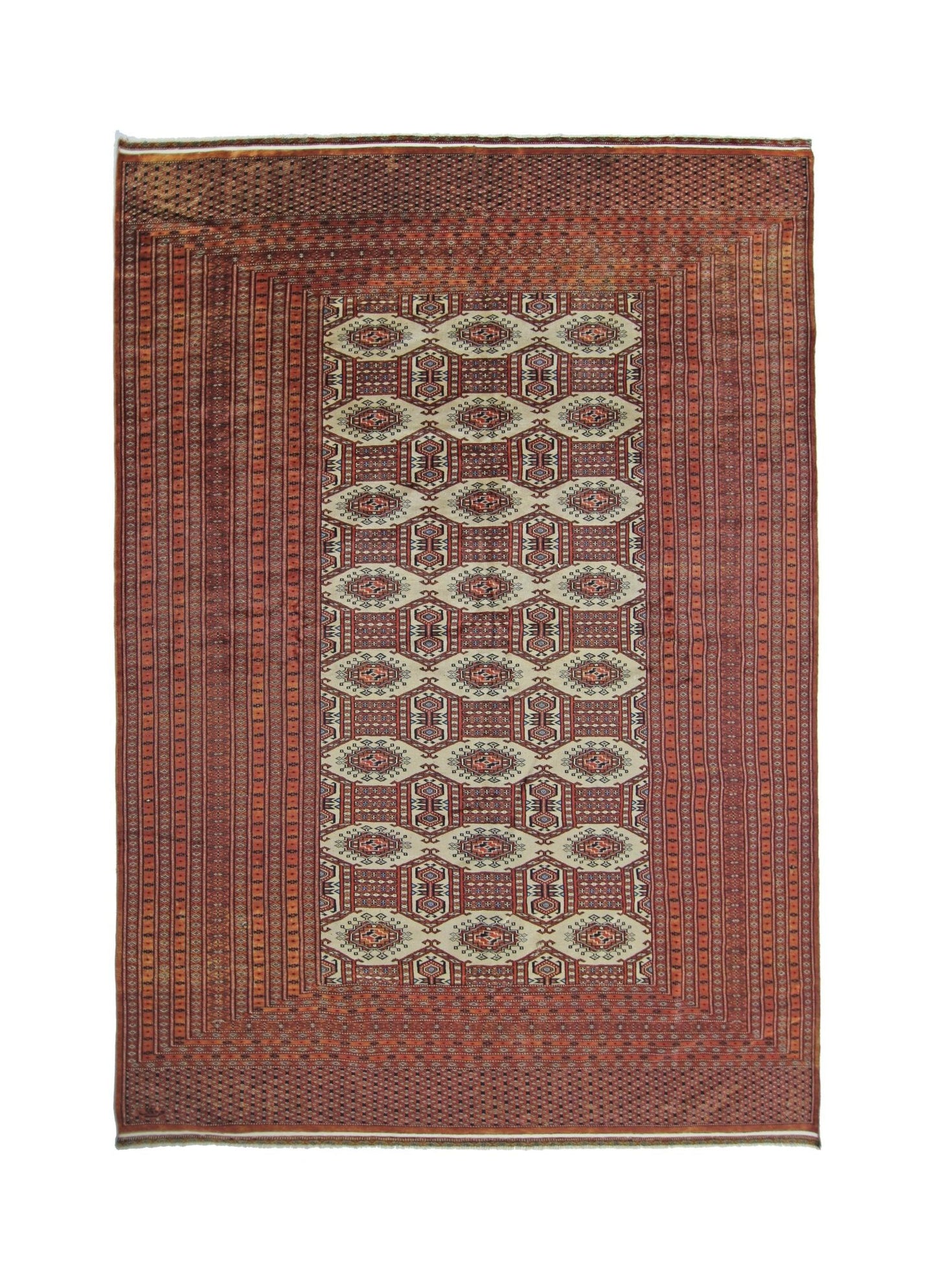 A vintage Pakistani Princess Bokhara rug featuring a repeating geometric pattern in red and cream.