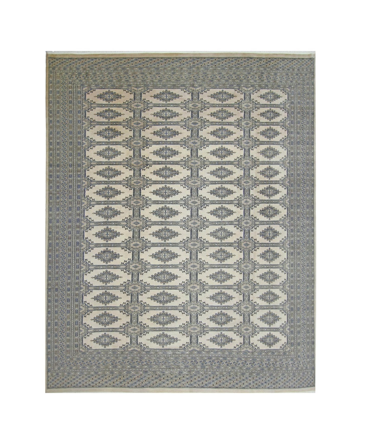 Vintage Pakistani Princess Bokhara rug featuring a repeating diamond pattern in blue and cream.