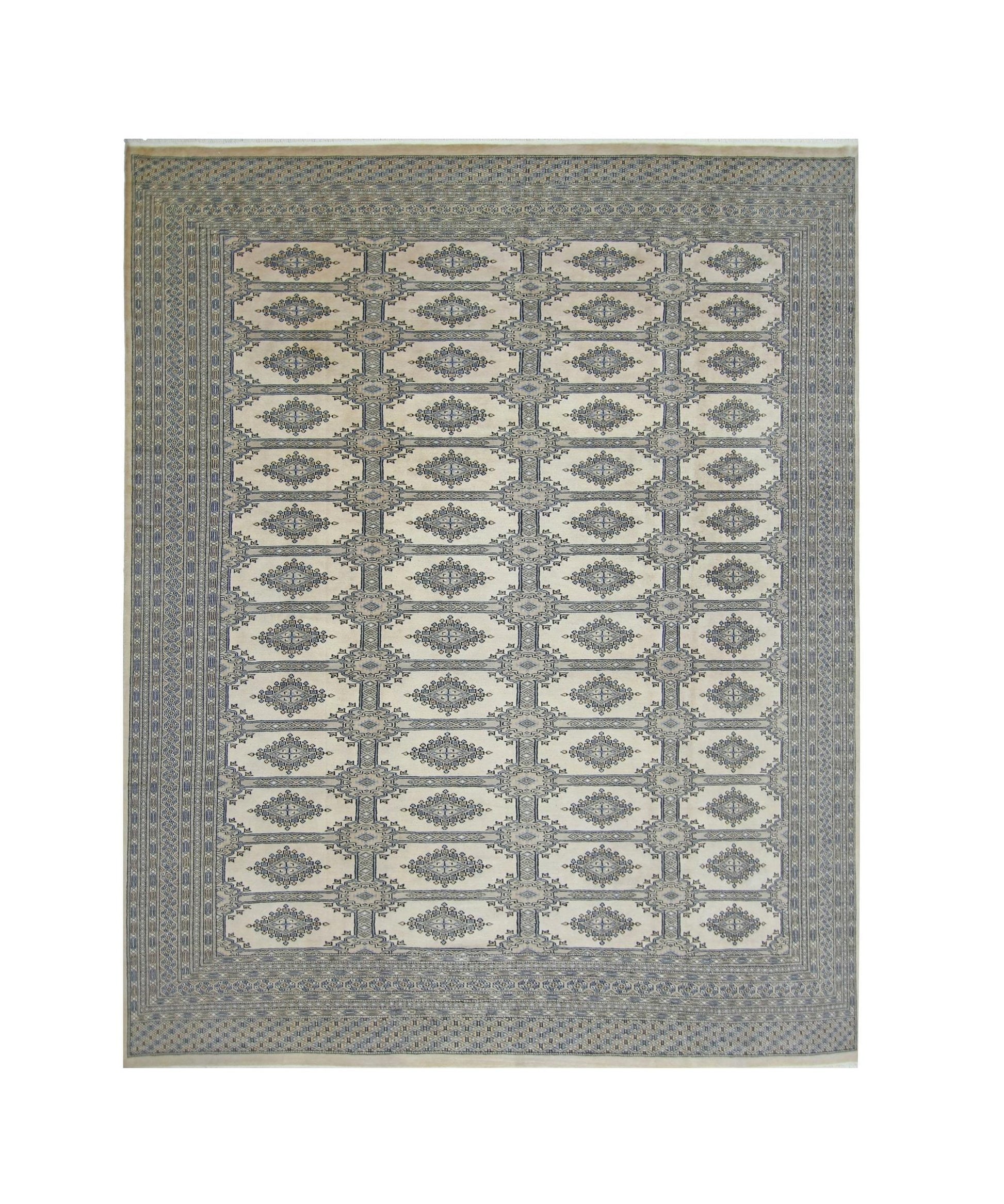 Vintage Pakistani Princess Bokhara rug featuring a repeating diamond pattern in blue and cream.