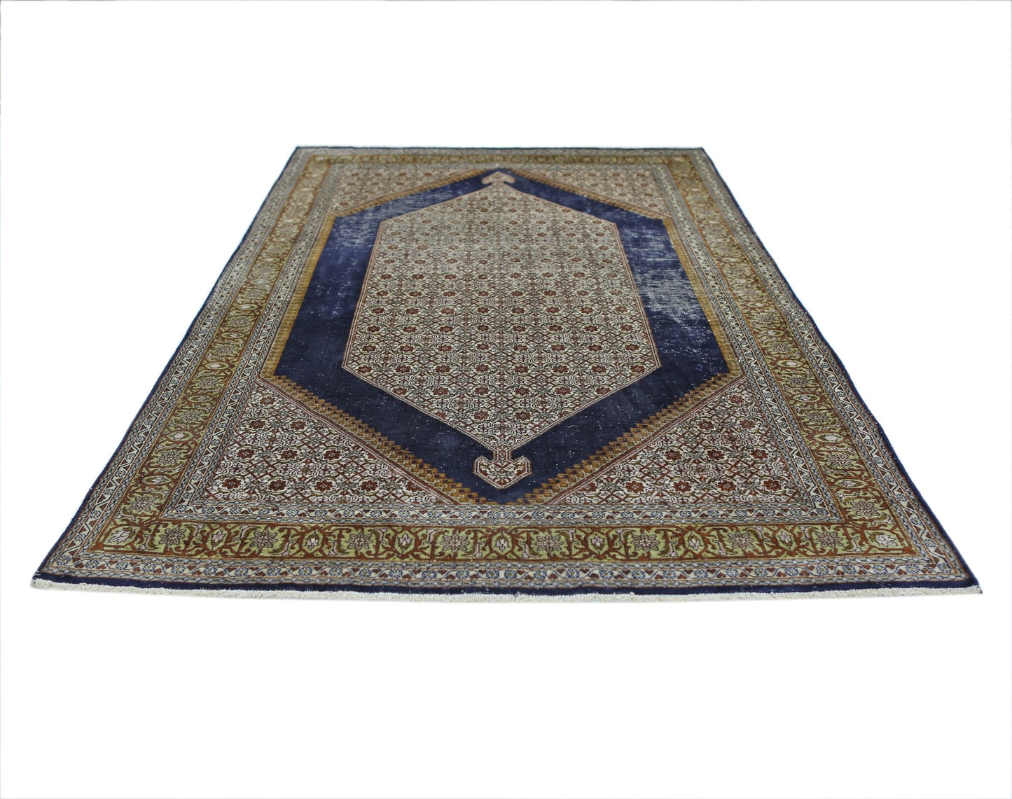 A vintage handmade Kashmiri silk rug featuring a central blue medallion and intricate floral motifs.
