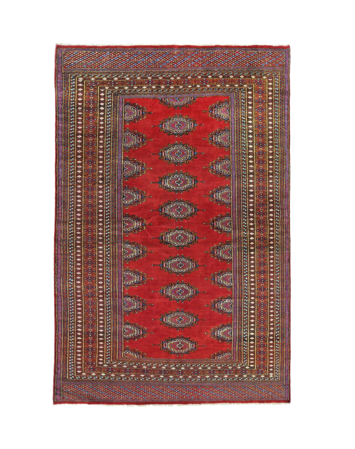 A vintage Pakistani Princess Bokhara rug featuring a red field with repeating geometric motifs.