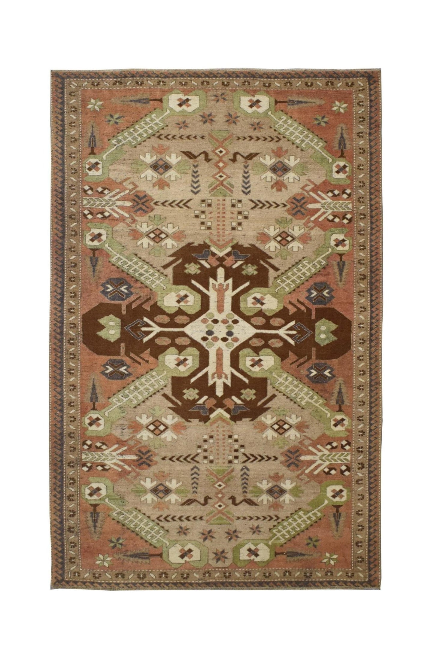 A vintage handmade Turkish rug featuring geometric patterns in brown, green, and terracotta tones.