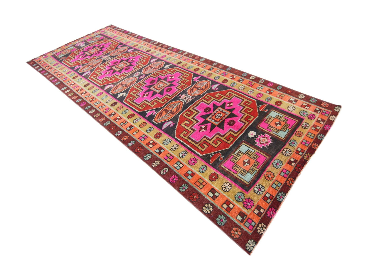 Handmade Vintage Turkish Kars Hallway Runner | 377 x 146 cm | 12'4" x 4'9" - Najaf Rugs & Textile