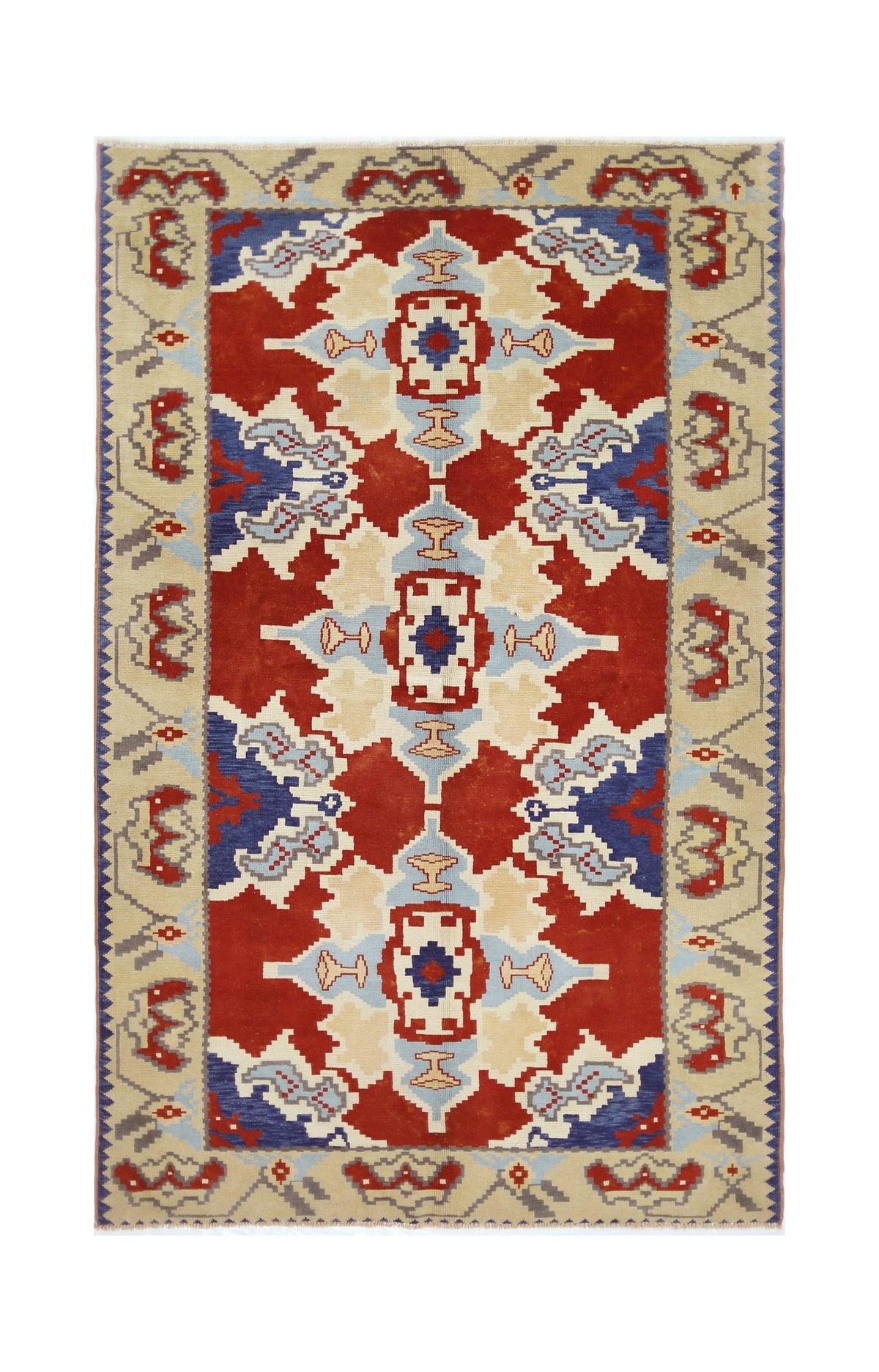 Vintage Turkish Milas rug featuring a geometric red, blue, and cream botanical pattern with a stepped border.