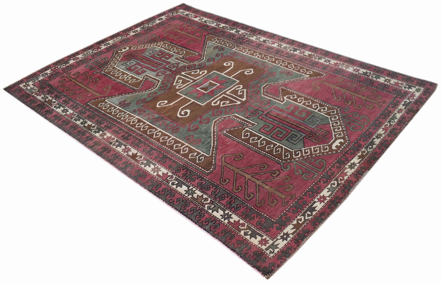 A vintage handwoven Iranian rug featuring geometric patterns in shades of red, brown, and green.