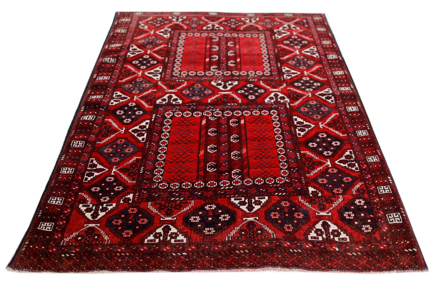 A handwoven vintage Afghan Turkmen Engsi rug featuring a red field with geometric tribal motifs.