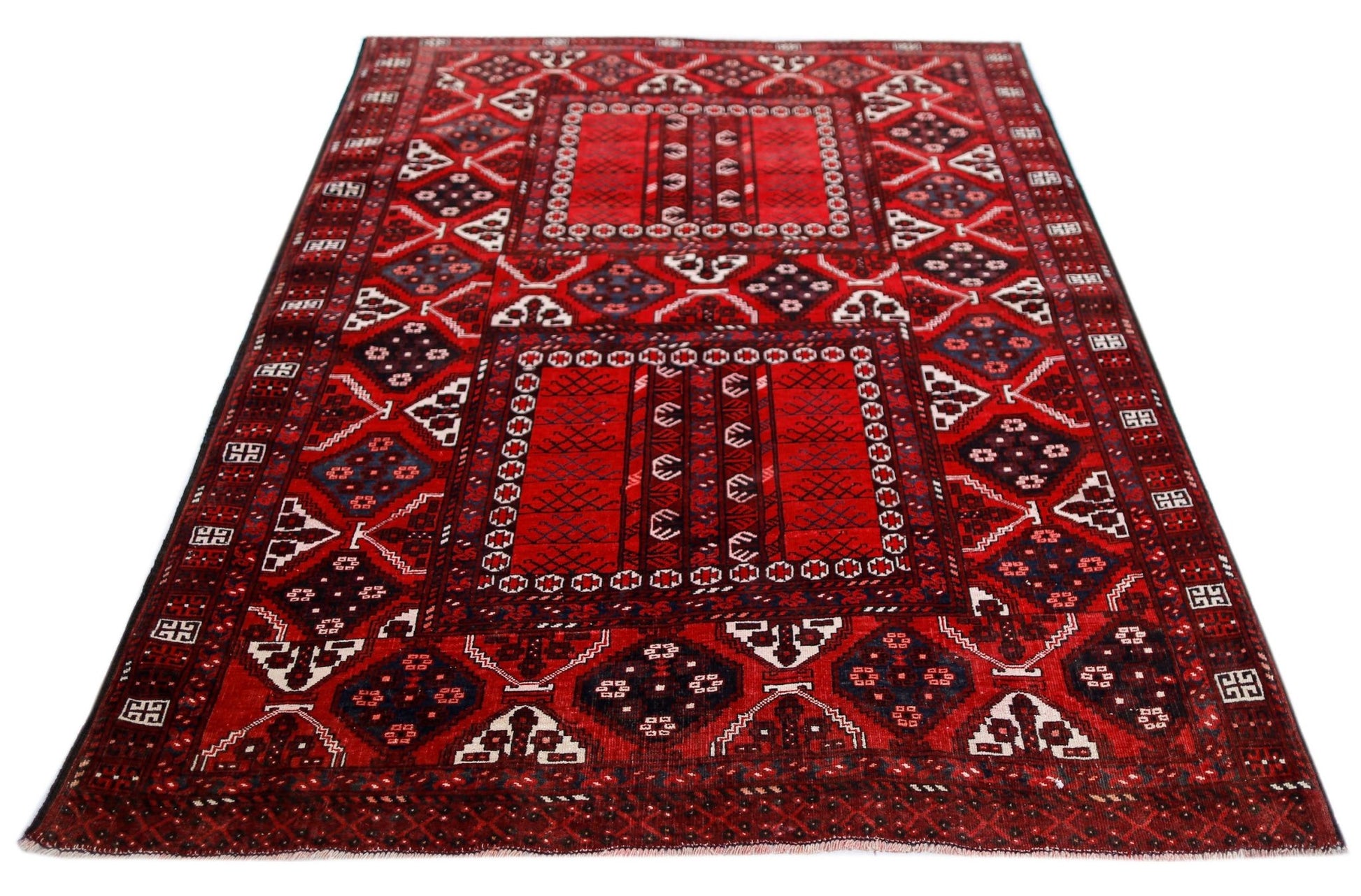 A handwoven vintage Afghan Turkmen Engsi rug featuring a red field with geometric tribal motifs.