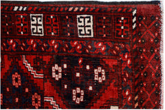 A vintage handwoven Afghan Turkmen Engsi rug featuring geometric patterns in red, blue, and ivory.