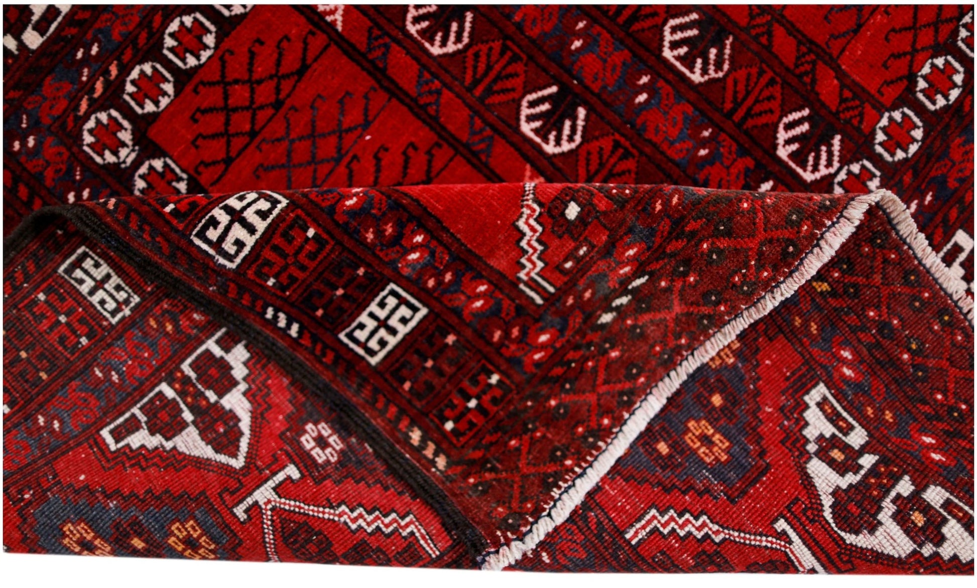 A vintage handwoven Afghan Turkmen Engsi rug featuring geometric patterns in red, blue, and ivory.