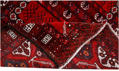 A vintage handwoven Afghan Turkmen Engsi rug featuring geometric patterns in red, blue, and ivory.