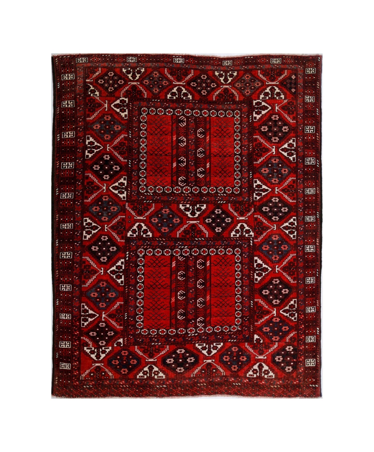 A vintage handwoven Afghan Turkmen Engsi rug featuring a geometric red design with dark accents.