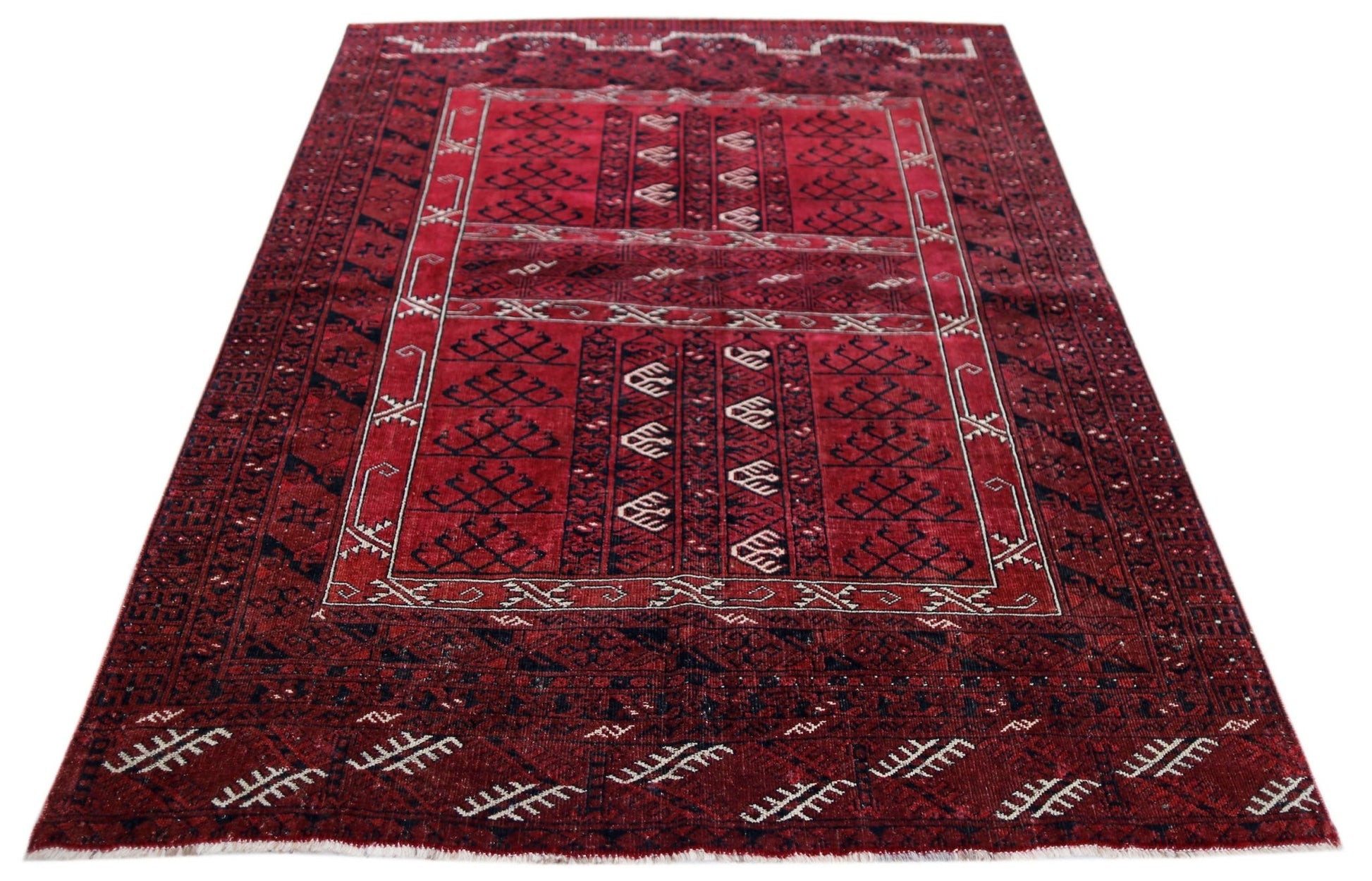 A vintage handwoven Afghan Turkmen Engsi rug featuring a deep red field with geometric motifs.