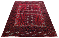 A vintage handwoven Afghan Turkmen Engsi rug featuring a deep red field with geometric motifs.