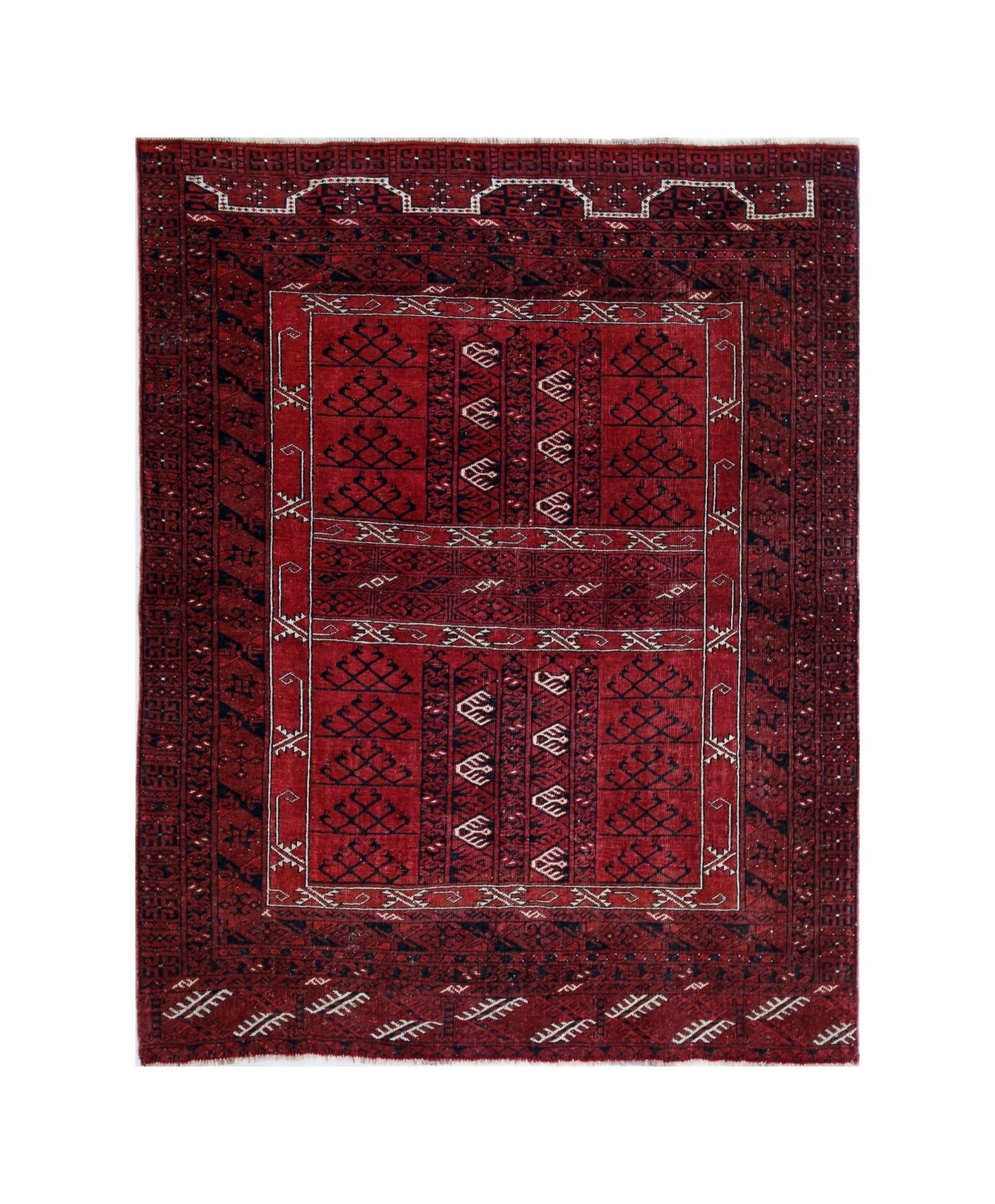 A vintage handwoven Afghan Turkmen Engsi rug featuring geometric patterns in deep red and blue.