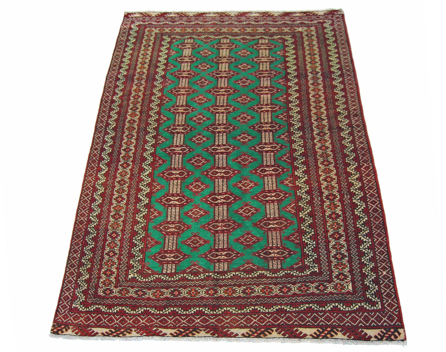 A vintage Persian Turkmen rug featuring a repeating diamond pattern in red and green.