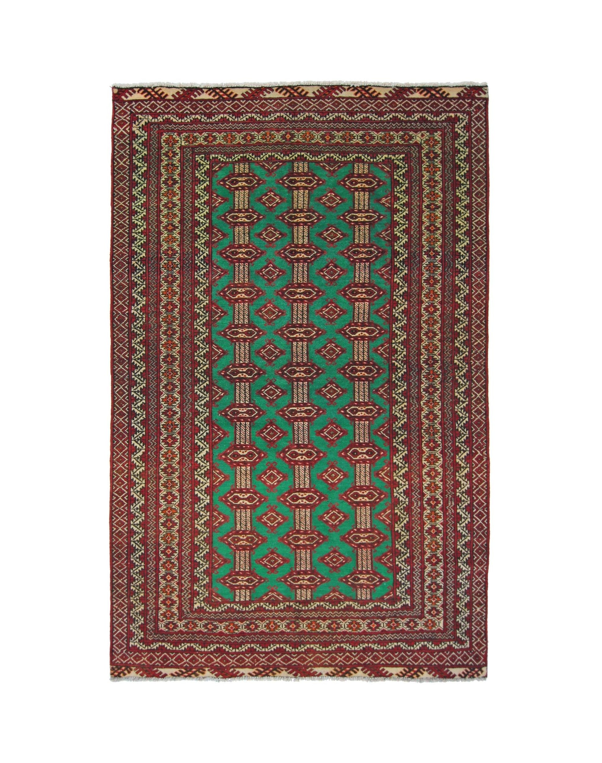 A vintage Persian Turkmen rug featuring a green field with repeating geometric patterns.