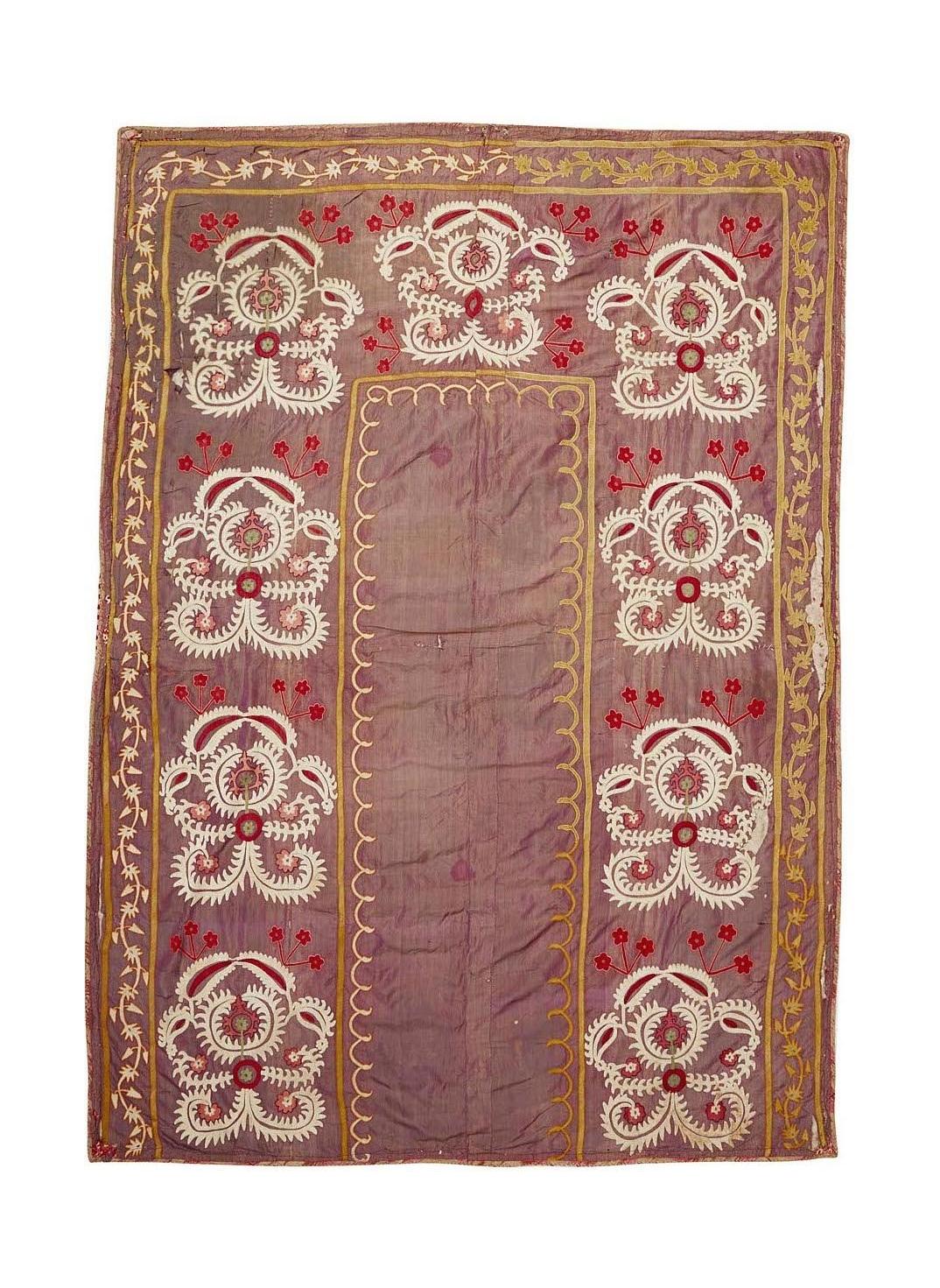 Antique Hand Embroidered Silk Uzbek Suzani | 206 x 141 cm | 6'7" x 4'6" - Najaf Rugs & Textile