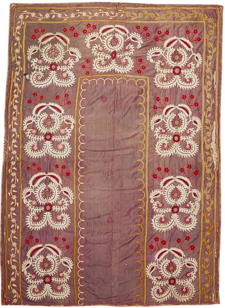 Antique Hand Embroidered Silk Uzbek Suzani | 206 x 141 cm | 6'7" x 4'6" - Najaf Rugs & Textile