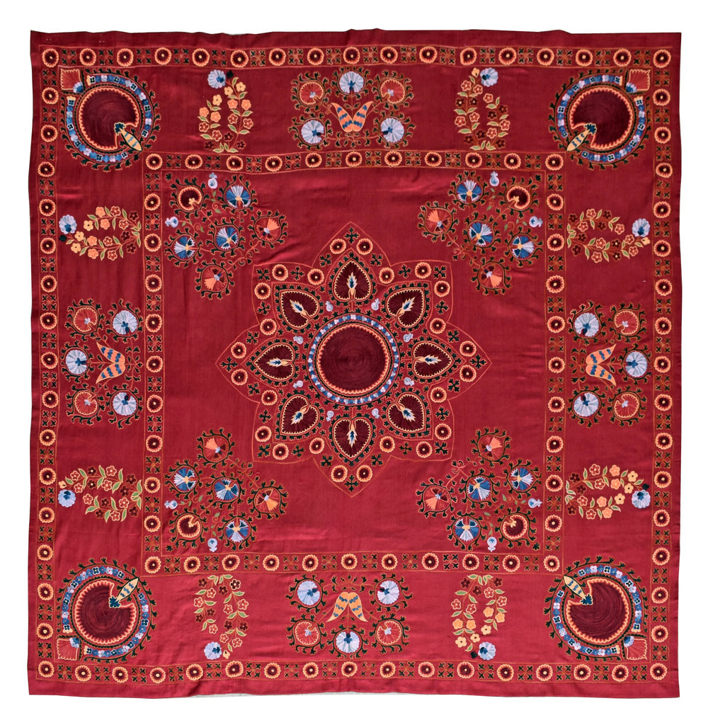 Hand Embroidered Silk Uzbek Suzani | 151 x 149 cm | 4'9" x 4'8" - Najaf Rugs & Textile