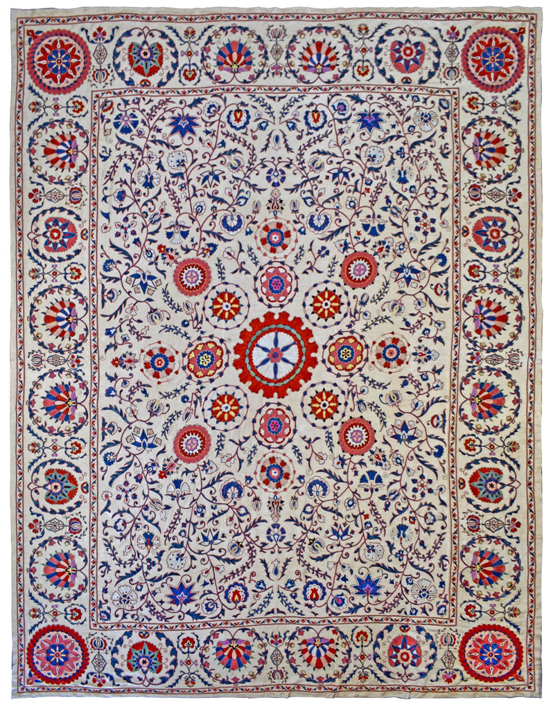 Hand Embroidered Silk Uzbek Suzani | 314 x 245 cm | 10'4" x 8' - Najaf Rugs & Textile