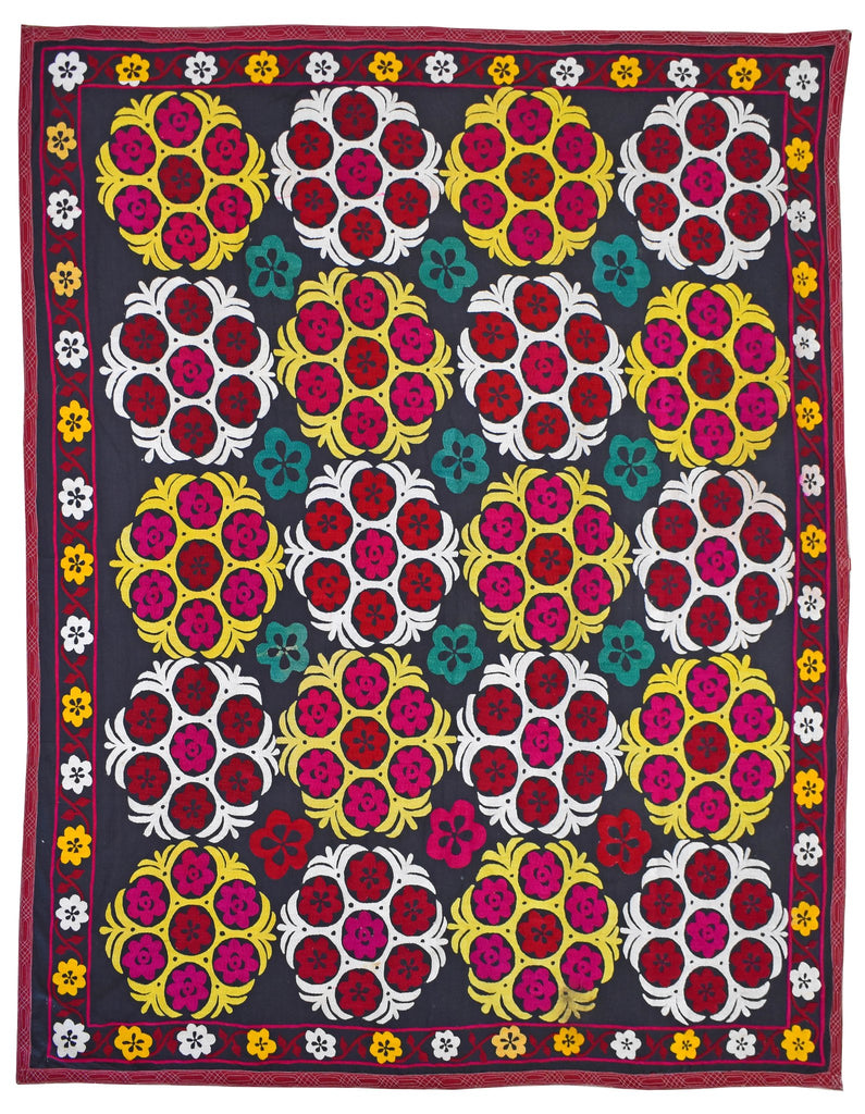 Hand Embroidered Vintage Uzbek Suzani | 218 x 186 cm | 7'1" x 6'10" - Najaf Rugs & Textile