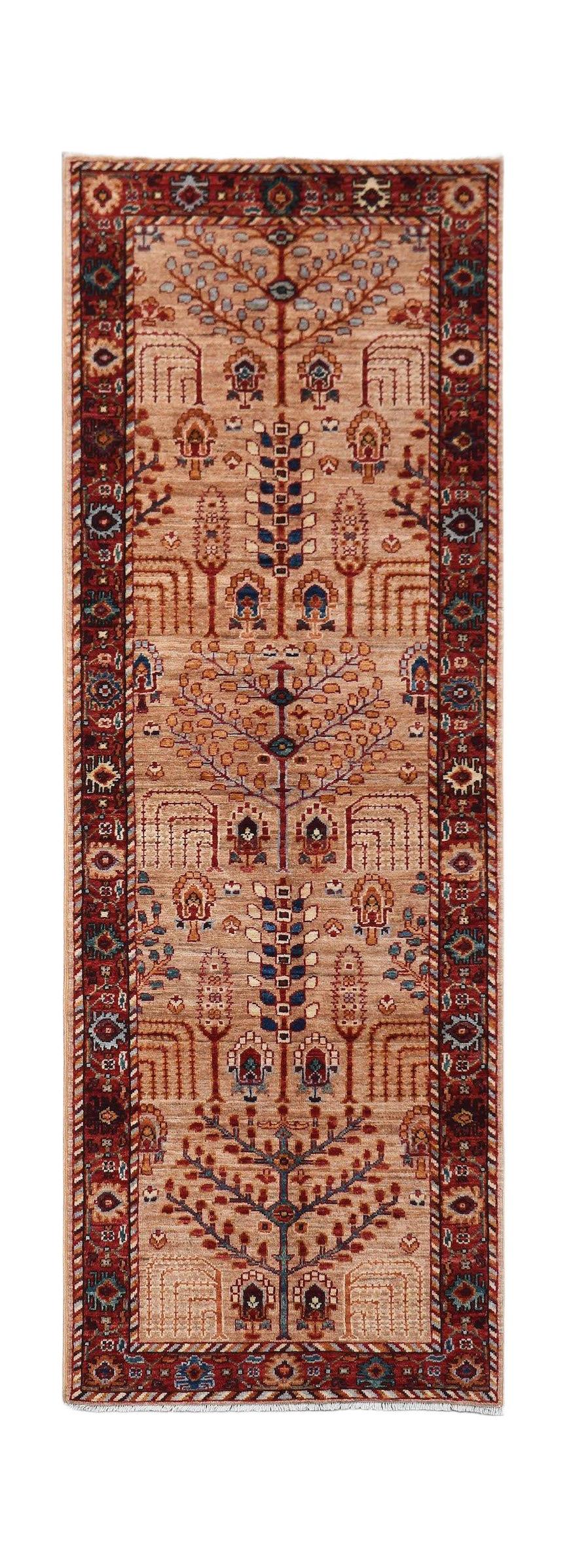 Hand-knotted Afghan Chobi runner featuring a traditional Tree of Life pattern in earthy tones.
