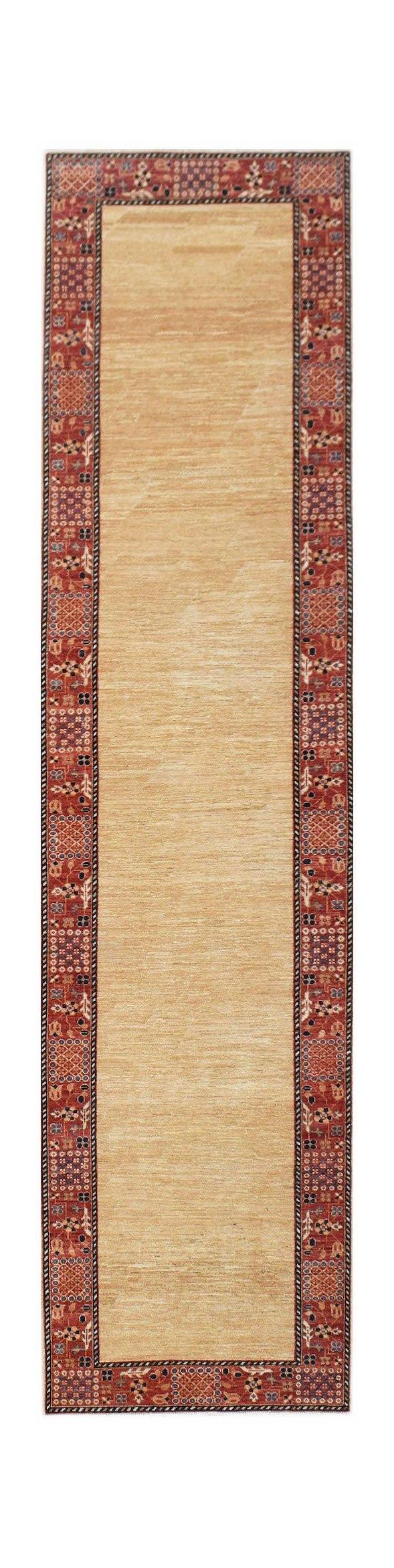 A handmade Afghan Chobi runner rug featuring a solid beige field framed by a patterned red border.