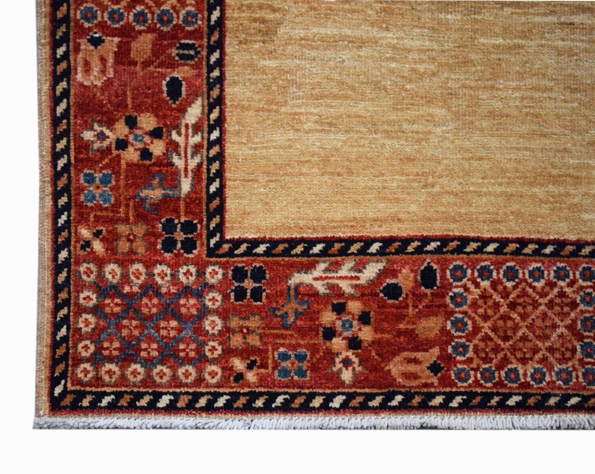 A handwoven Afghan Chobi runner featuring a tan field with a detailed red floral border.