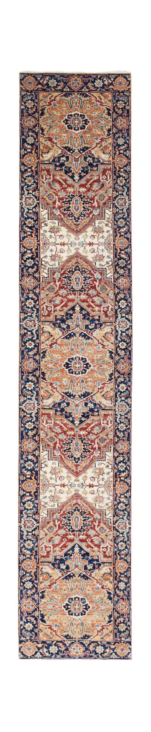 A handmade Afghan Chobi runner rug featuring a traditional floral pattern in red, blue, and cream.