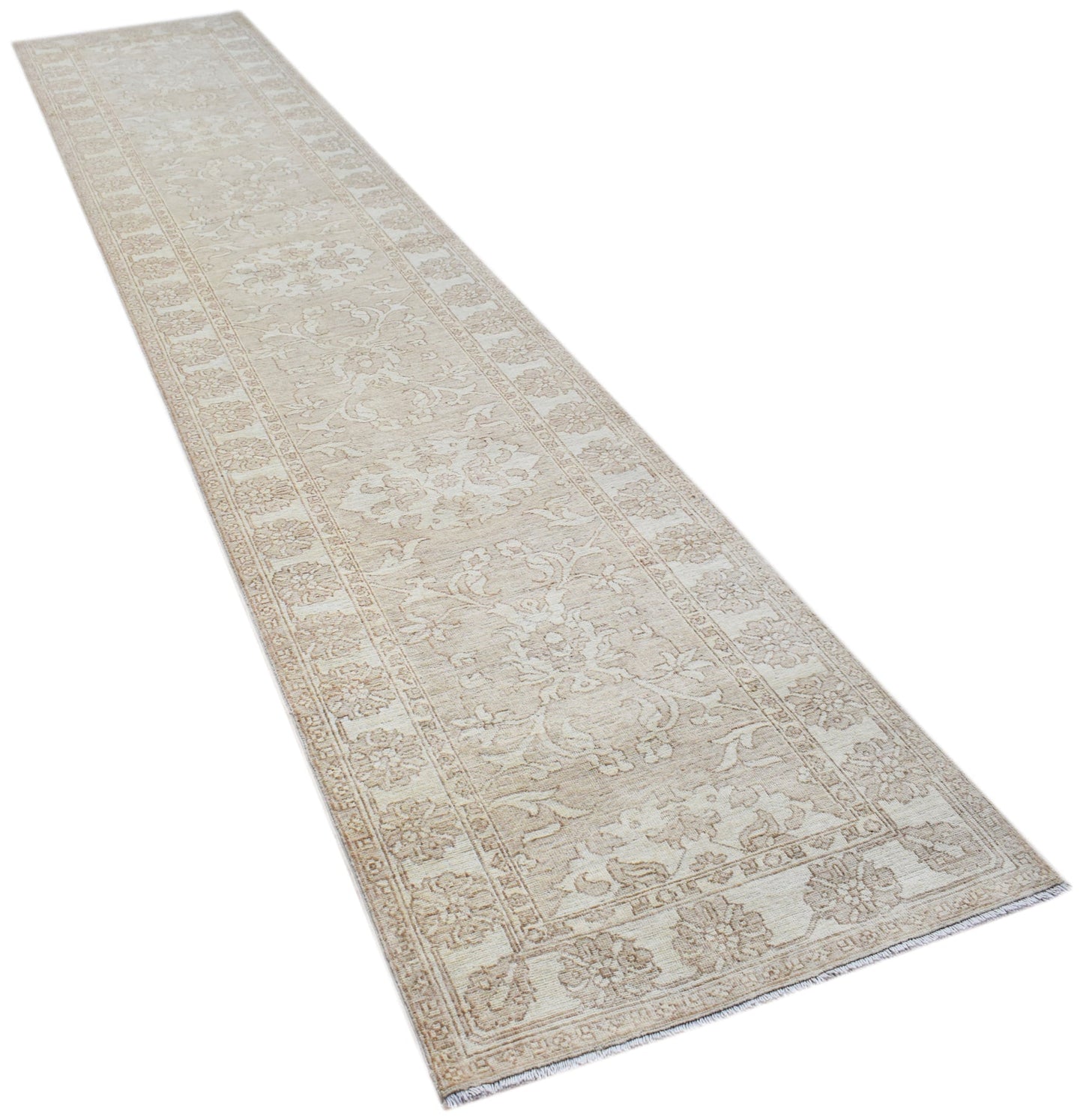 A long, handwoven Afghan Chobi runner rug featuring traditional floral patterns in neutral tones.