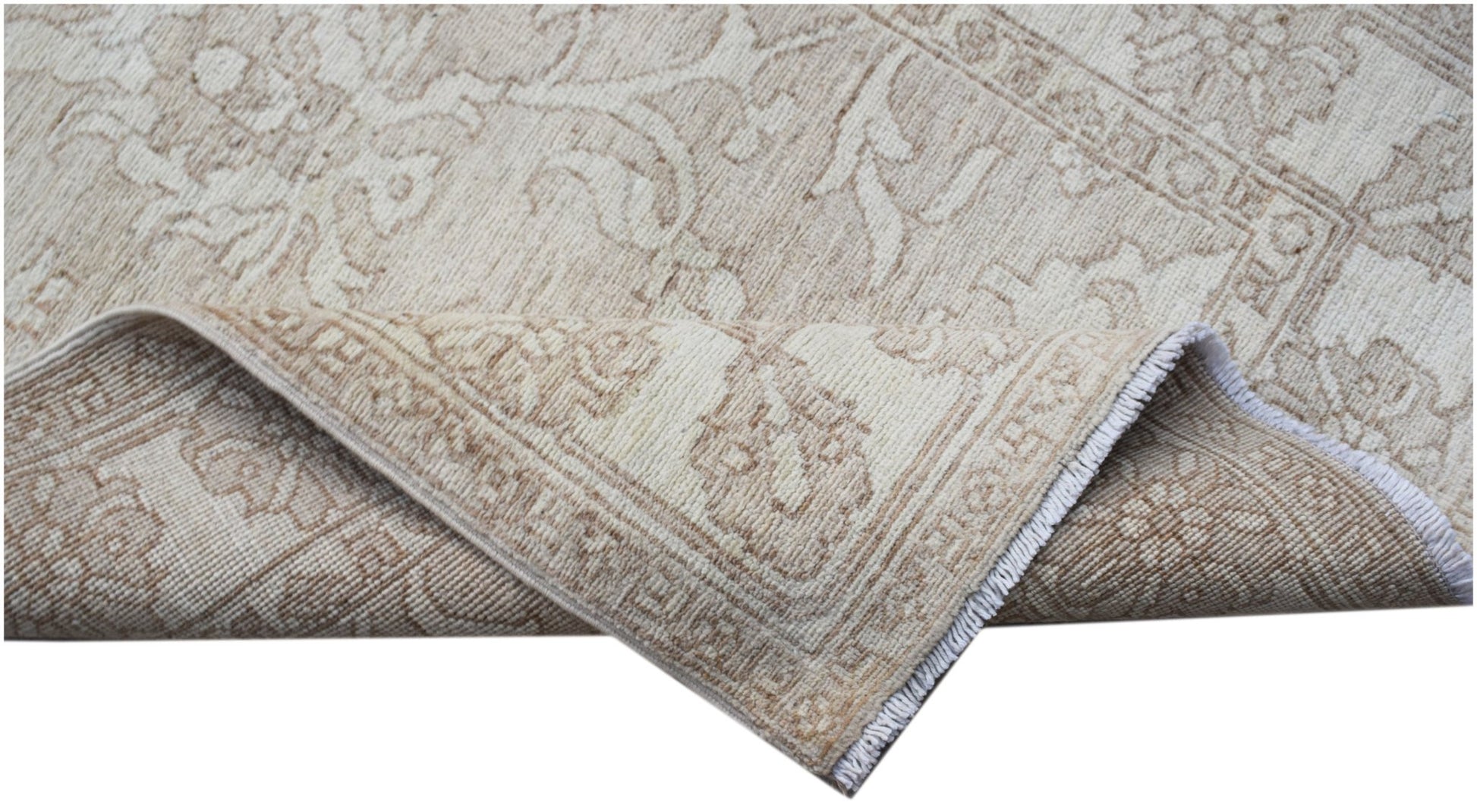 A handwoven Afghan Chobi runner featuring a traditional beige and cream floral pattern.