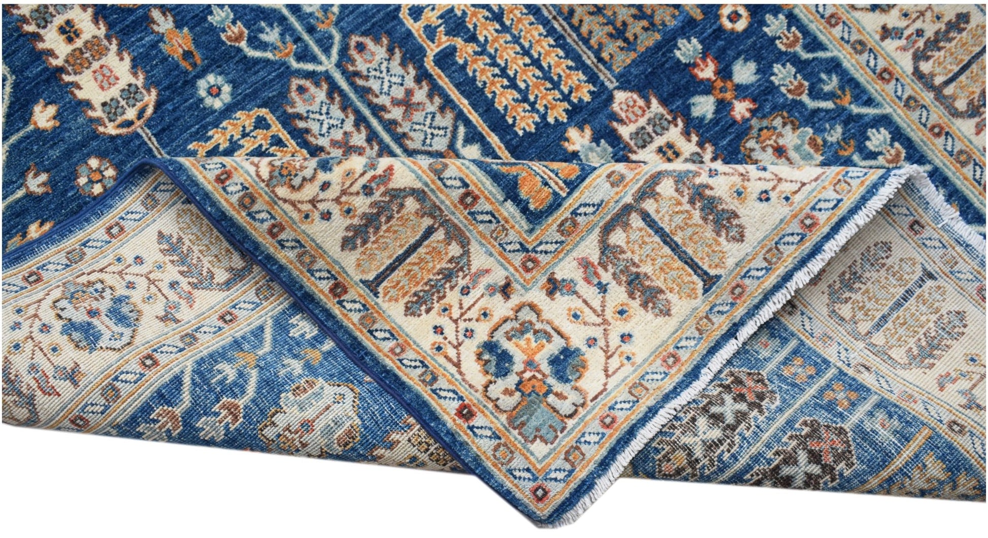 A handwoven Afghan Chobi runner featuring a blue field with a traditional Tree of Life pattern.