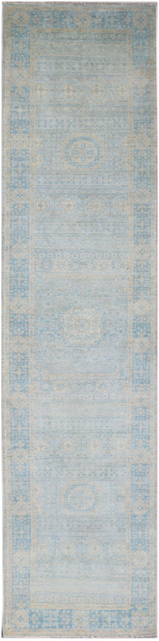Handwoven Afghan Chobi runner rug featuring a light blue and cream Mamluk medallion pattern.