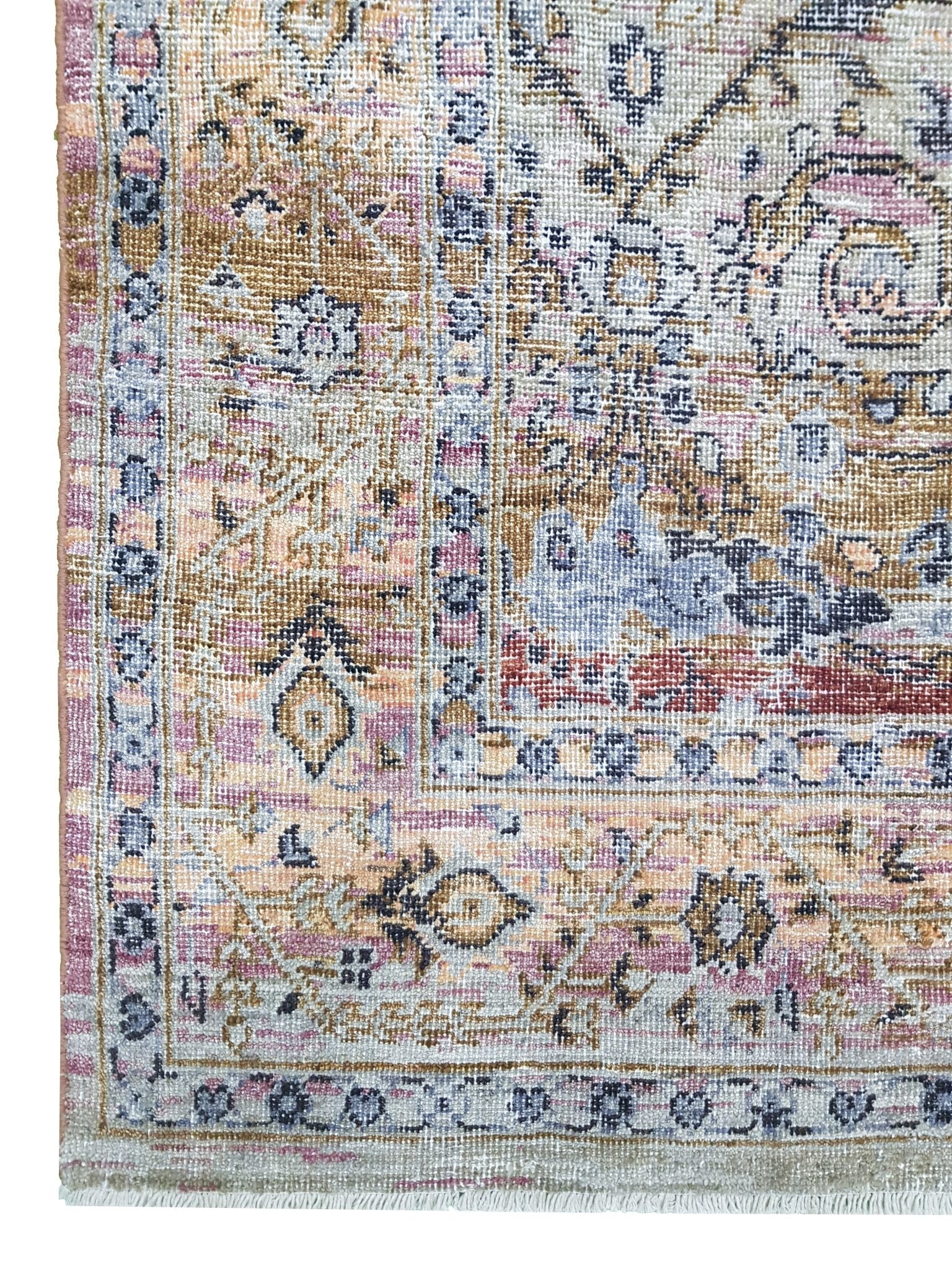 A handwoven transitional Oushak rug featuring a vintage-inspired pattern in muted earth tones.