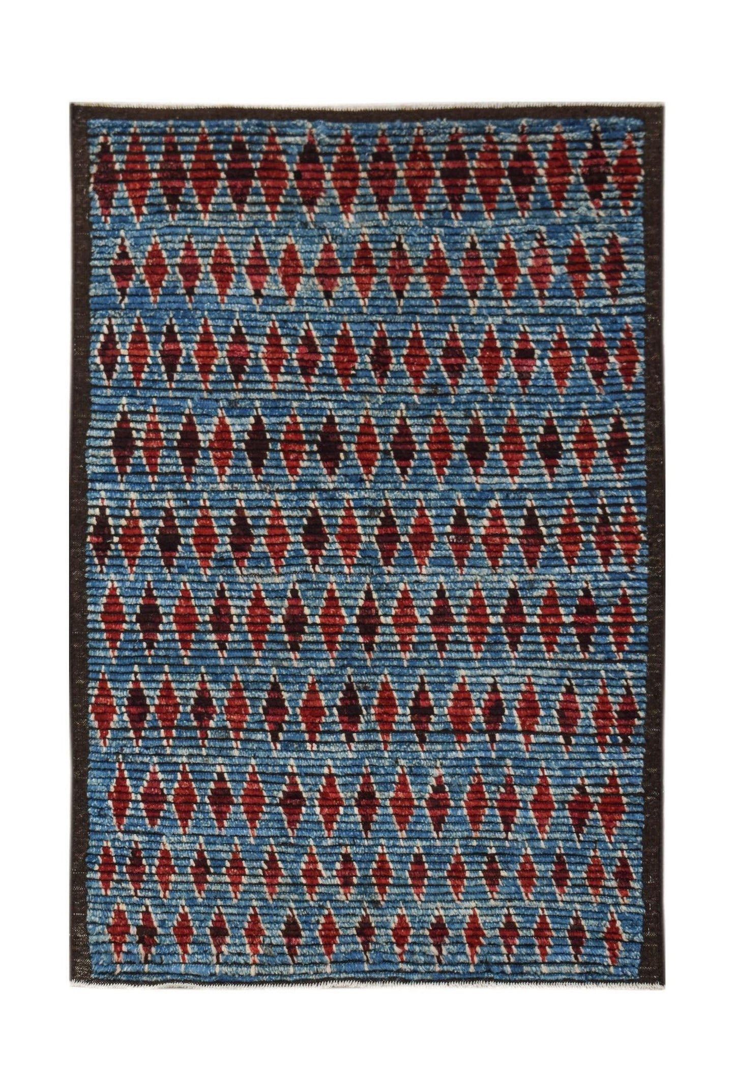 Hand-knotted Afghan rug featuring a blue background with rows of red geometric diamond patterns.