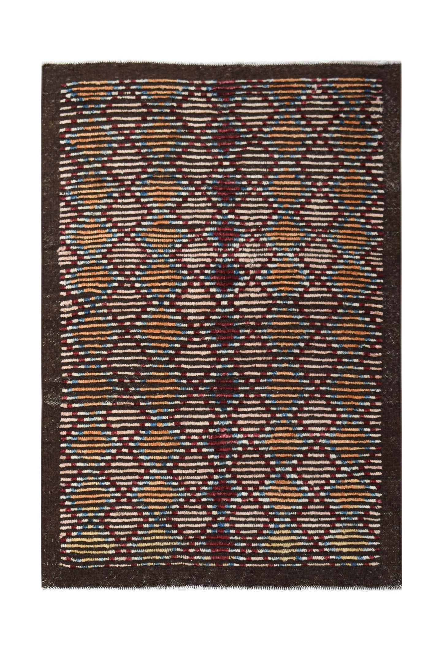 Hand-knotted Afghan rug featuring a dark brown border and a multi-colored horizontal striped field.